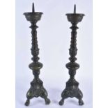 A LARGE PAIR OF 18TH CENTURY DUTCH BRONZE PRICKET CANDLESTICKS. 48 cm high.