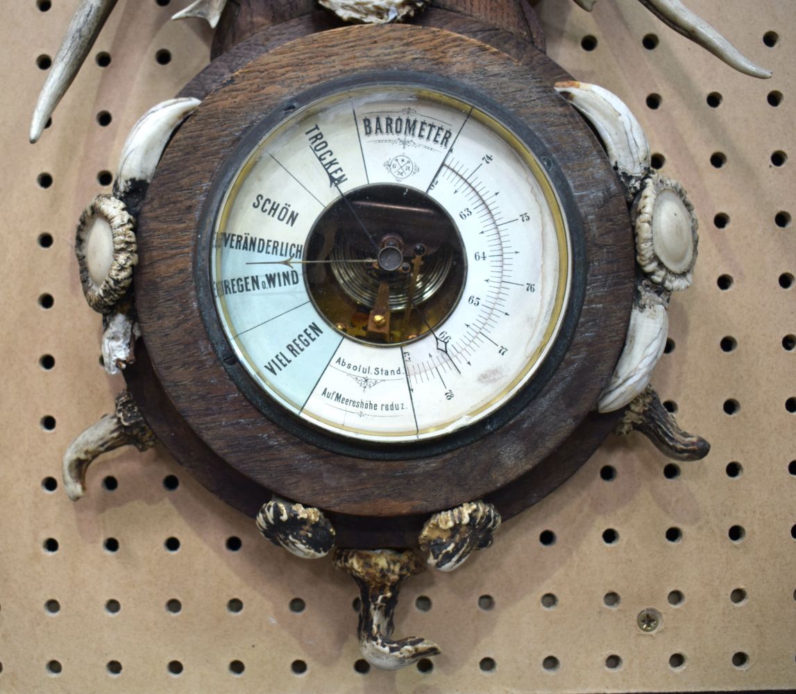 An early 20th Century wooden and antler horn Barometer and thermometer 69 cm. - Image 7 of 10