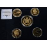 A collection of commemorative coins, copper and gold plate (5)