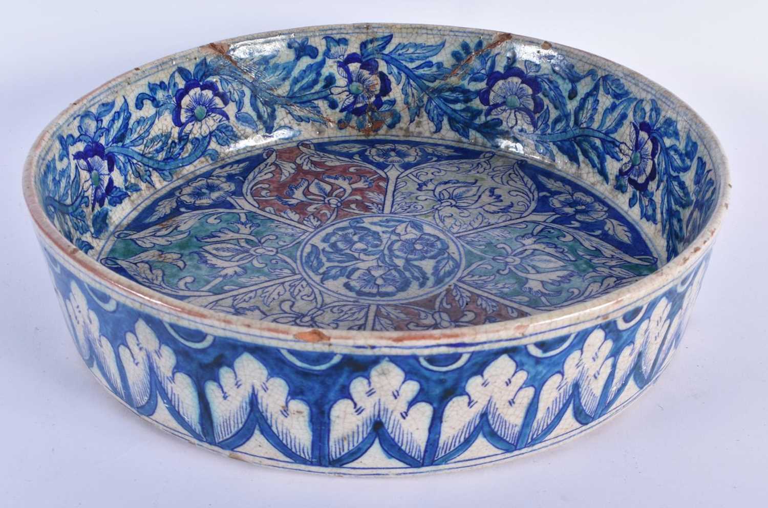 A RARE LARGE 19TH CENTURY MIDDLE EASTERN ISLAMIC IZNIK TYPE POTTERY BASIN painted with panels of - Image 3 of 5