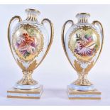 Minton pair of vases painted with sea shells in elaborate gilt panels on a marble ground. 20 cm high