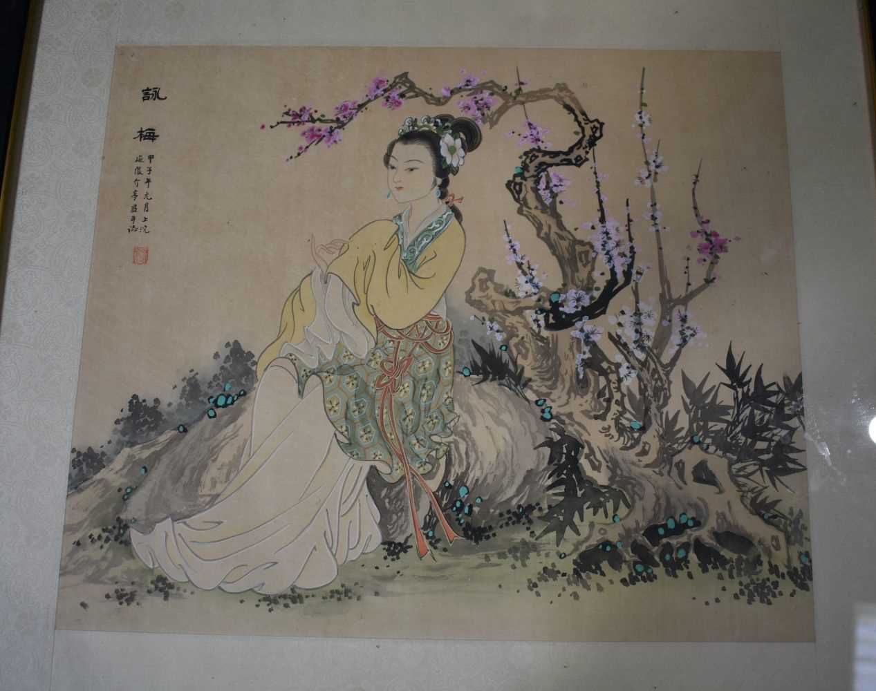 A group of Chinese watercolours and mixed media pictures of figures and birds - Image 16 of 38