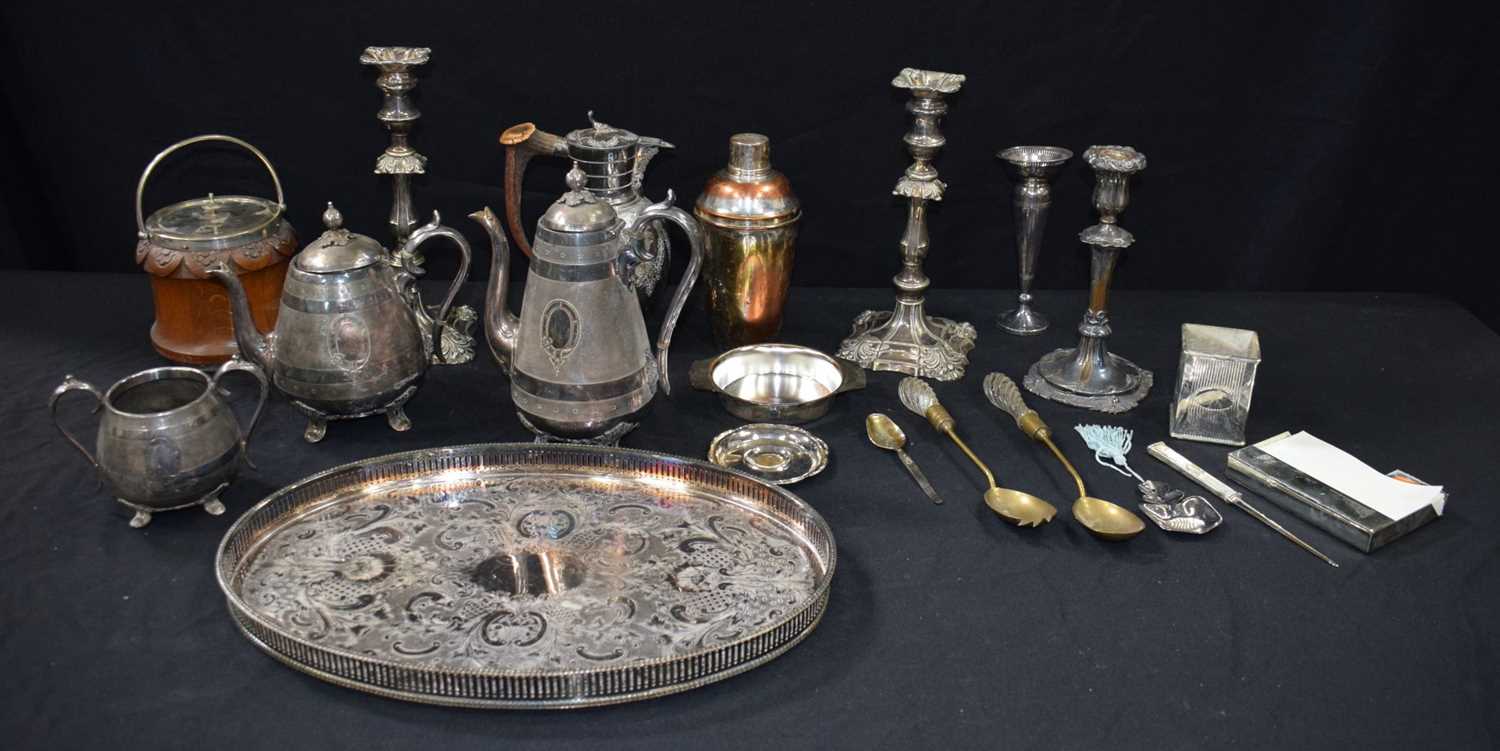 A large collection of Silver plated and other metal items, Candle sticks, Tea pots,trays etc 46 x - Image 2 of 12
