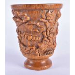 A CHINESE CARVED BUFFALO HORN TYPE FLOWER AND BIRD VASE 20th Century. 384 grams. 11.5 cm x 8 cm.