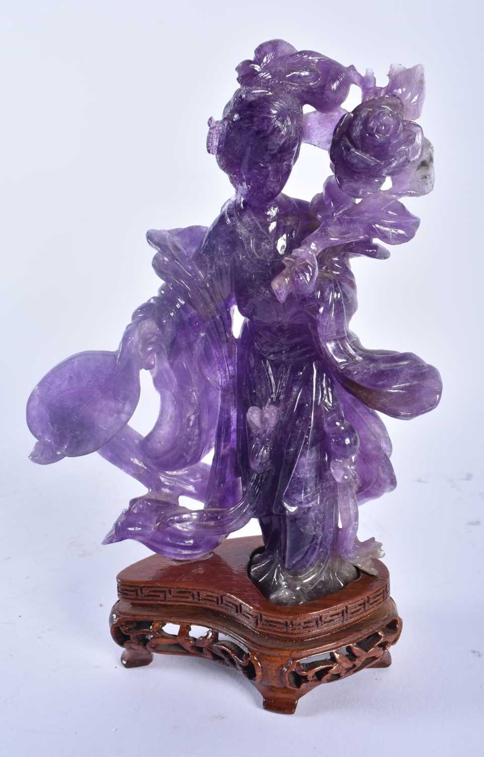 A 19TH CENTURY CHINESE CARVED AMETHYST FIGURE OF A FEMALE Late Qing, together with a stone carving - Image 5 of 7