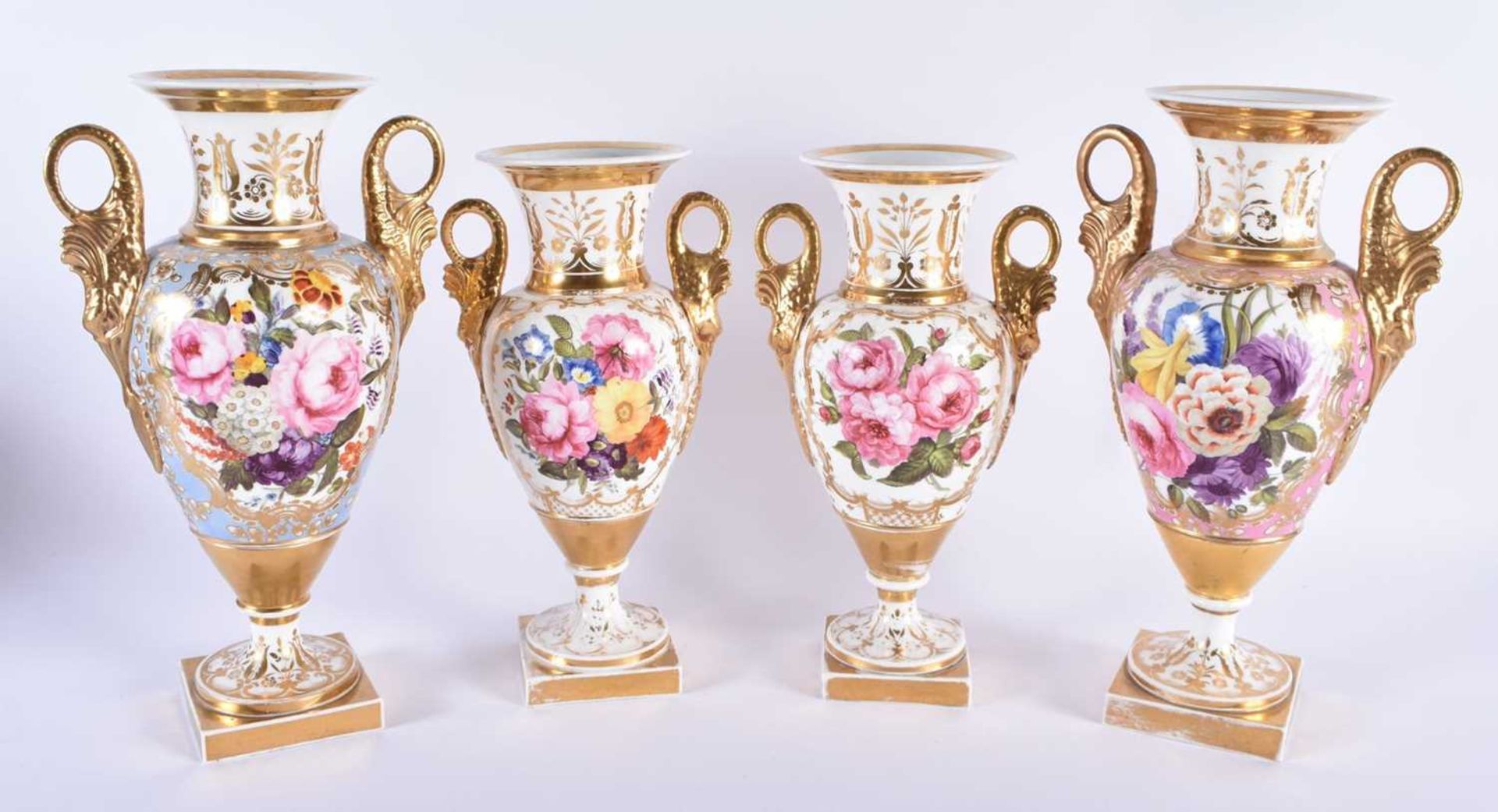 A FINE SET OF FOUR LATE 18TH/19TH CENTURY CHAMBERLAINS WORCESTER VASES beautifully painted with