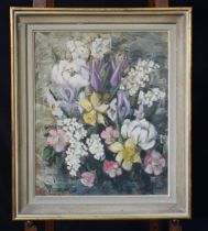 A framed oil on Canvas still life of flowers signed Cameron 1959 54 x 44 cm