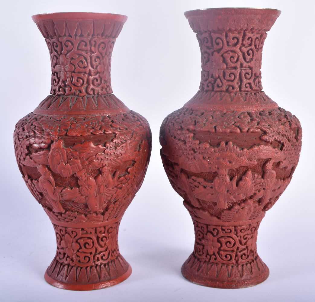 A PAIR OF 19TH CENTURY CHINESE CARVED CINNABAR LACQUER VASES Qing, decorated with figures in - Image 3 of 5