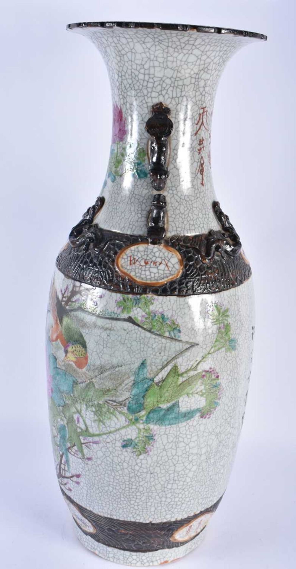 A VERY LARGE 19TH CENTURY CHINESE CRACKLE GLAZED PORCELAIN VASE Qing, painted with birds and bold - Image 2 of 6