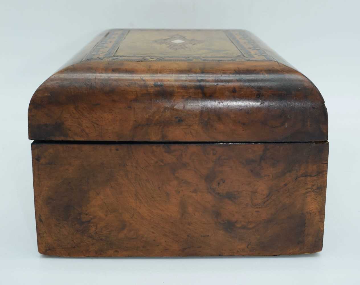 A 19th Century inlaid wooden sewing box with central mother of pearl central decoration 14 x 28 x - Image 4 of 12