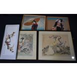 A group of Chinese watercolours and mixed media pictures of figures and birds