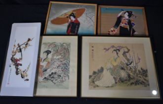 A group of Chinese watercolours and mixed media pictures of figures and birds