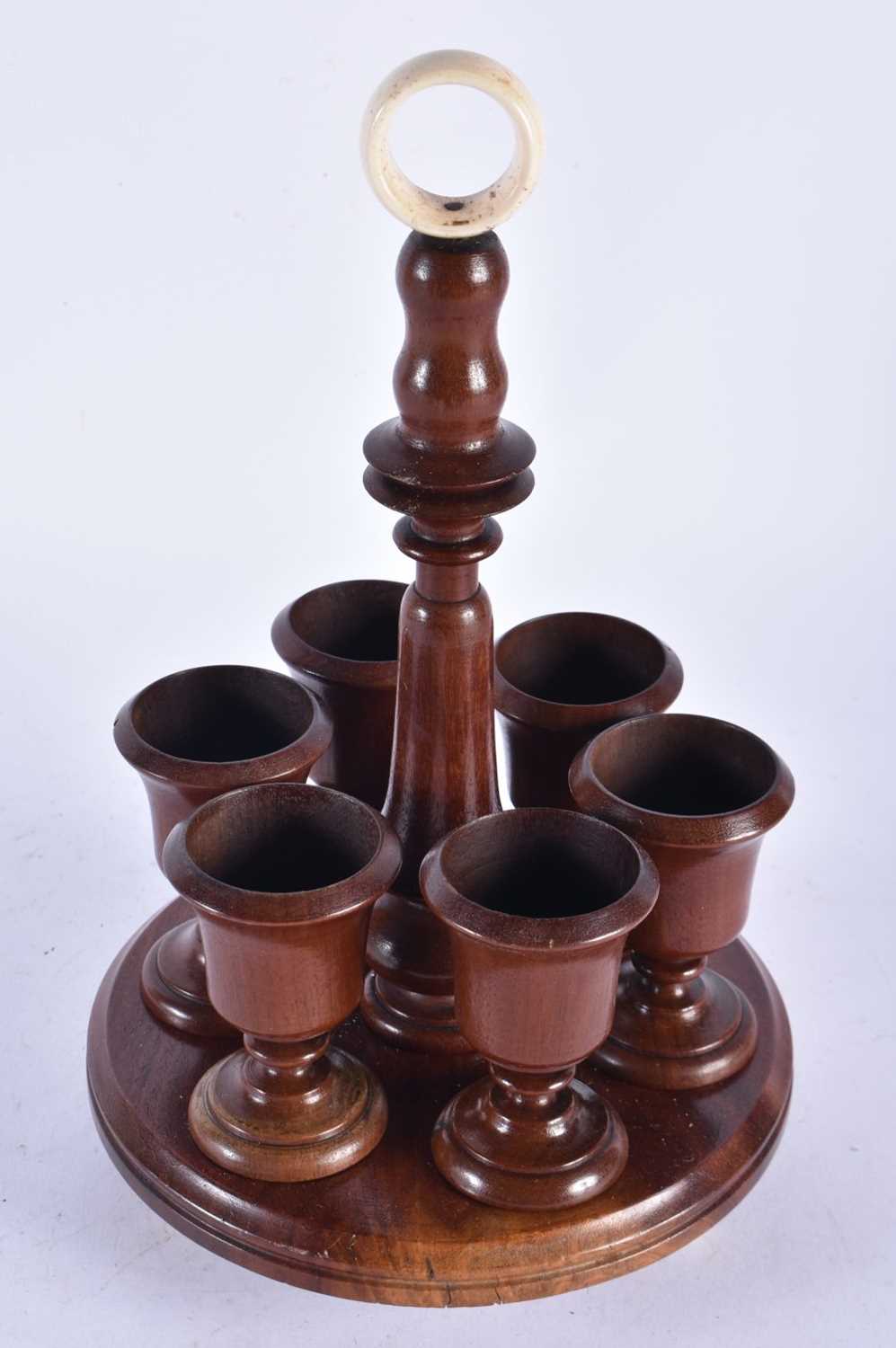 Antique Georgian Victorian Treen Turned Wood Fruitwood Egg Cup Set on Stand with Bone Finial and