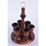 Antique Georgian Victorian Treen Turned Wood Fruitwood Egg Cup Set on Stand with Bone Finial and