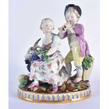 Late 19th century Meissen figural group of two children and a goat, he playing a flute and she