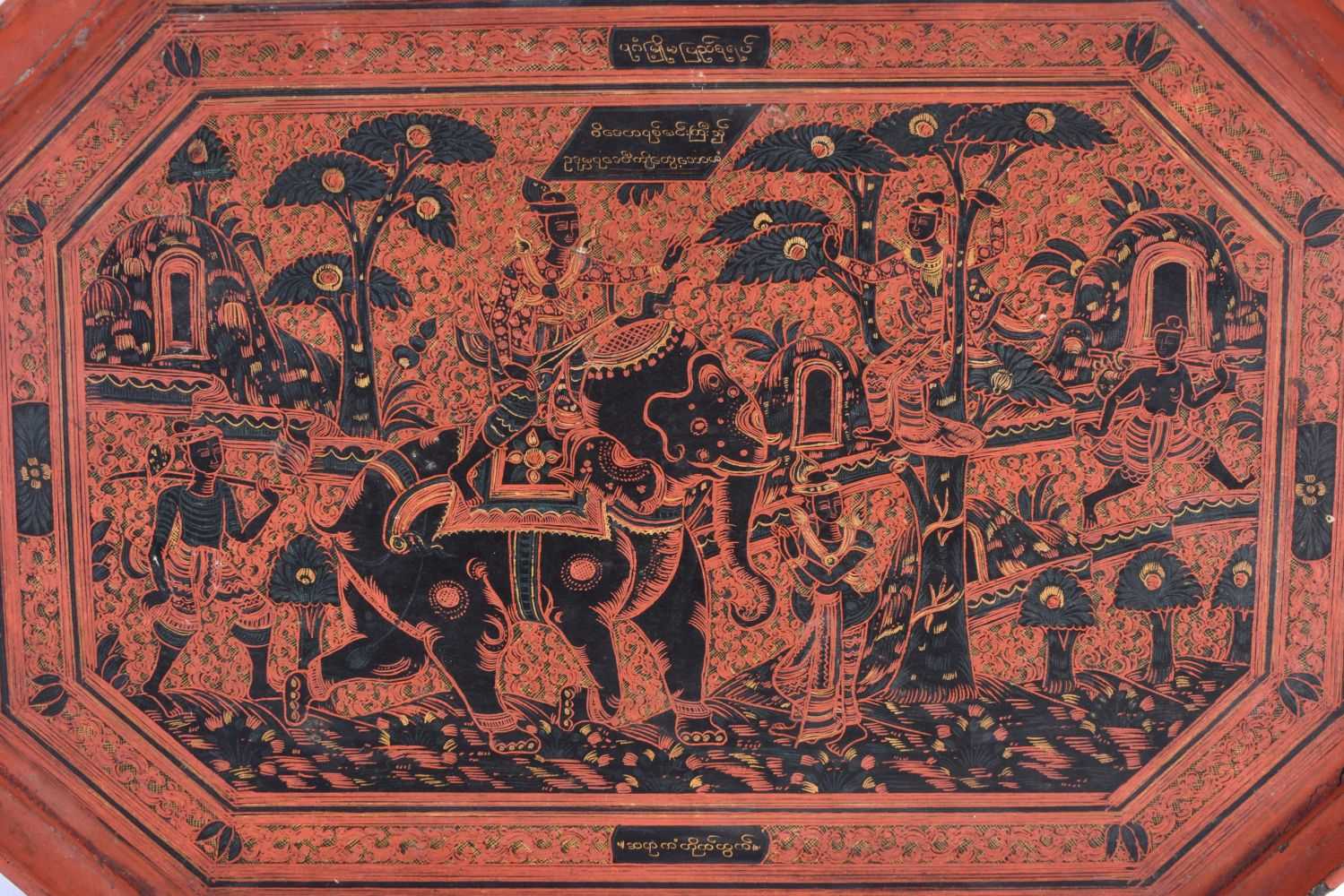 A LARGE LATE 19TH CENTURY THAI SOUTH EAST ASIAN COUNTRY HOUSE LACQUERED TRAY painted with figures - Image 2 of 3