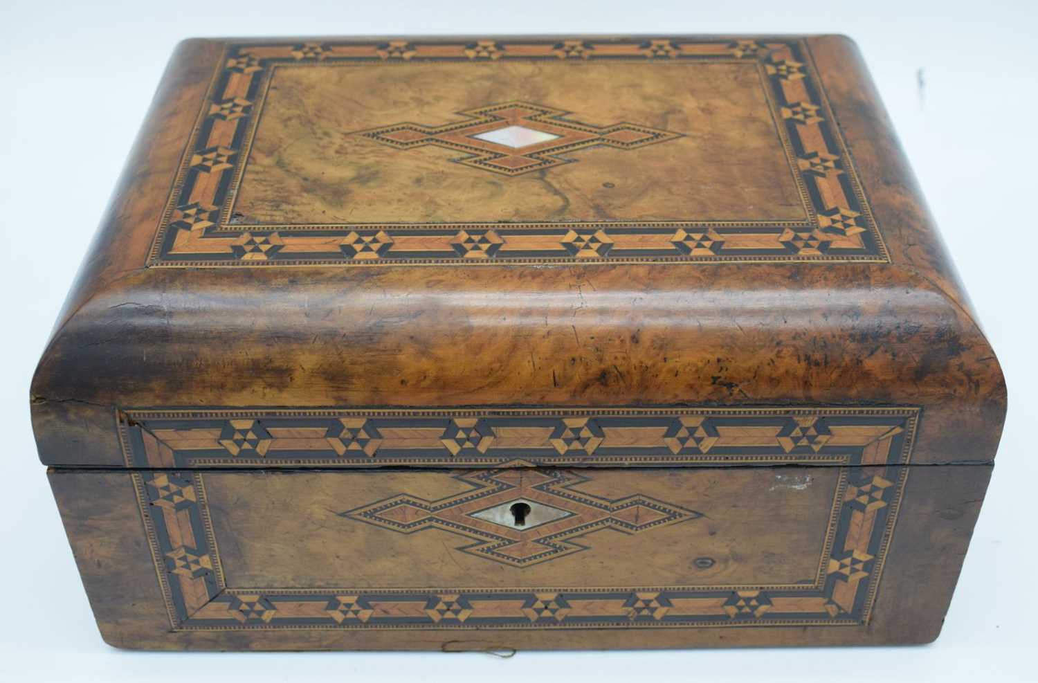 A 19th Century inlaid wooden sewing box with central mother of pearl central decoration 14 x 28 x - Image 3 of 12