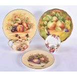 Coalport plate painted with fruit, signed M. Bates, Aynsley fruit decorated sucrier and plate signed