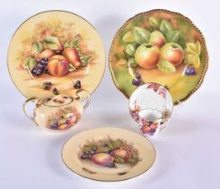 Coalport plate painted with fruit, signed M. Bates, Aynsley fruit decorated sucrier and plate signed