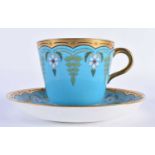 Minton cup and saucer with turquoise ground with raised white flowers and green leaves in the