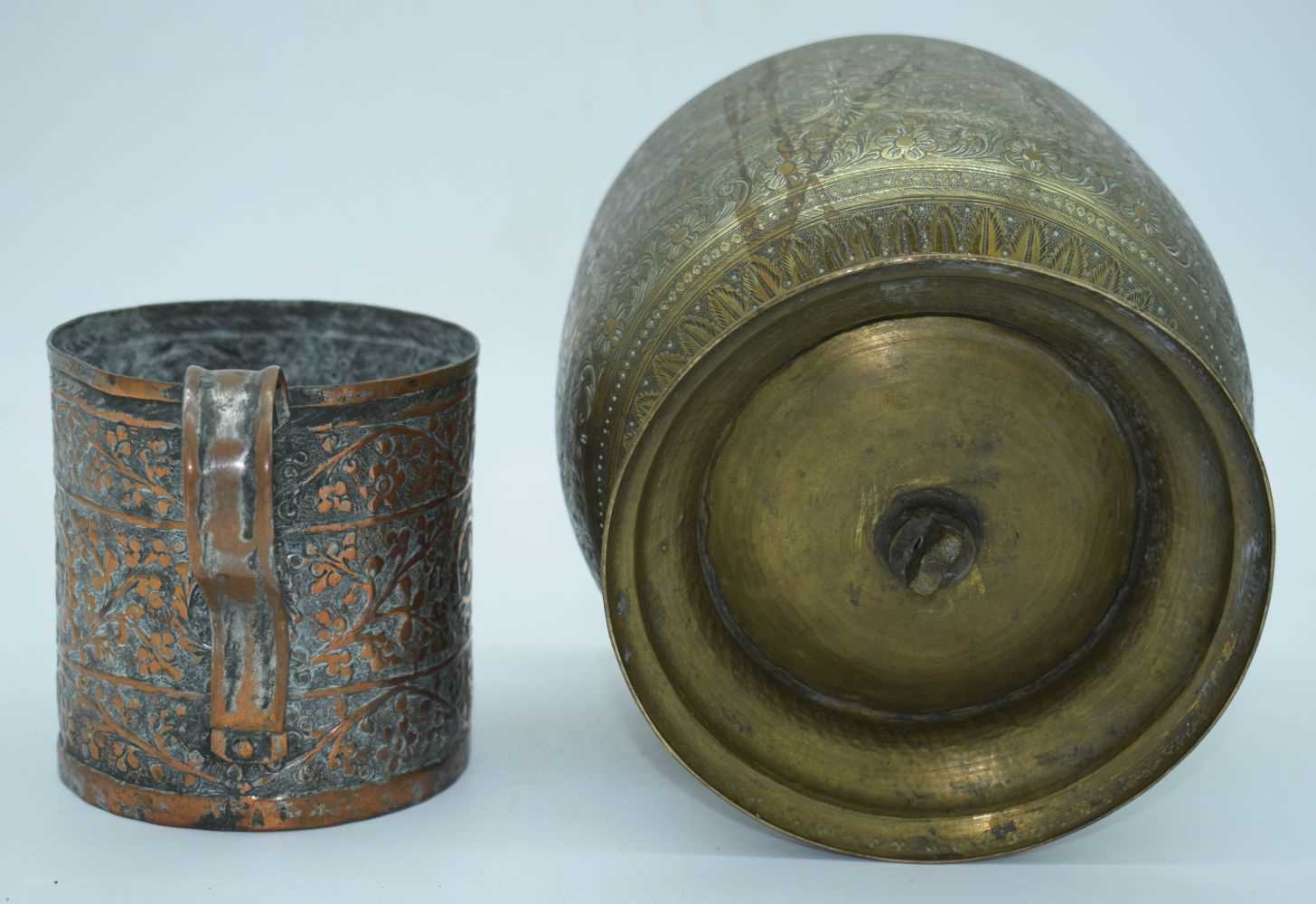 A 19th Century Repousse copper tankard together with an Indian engraved brass bowl largest 16 cm - Image 4 of 6