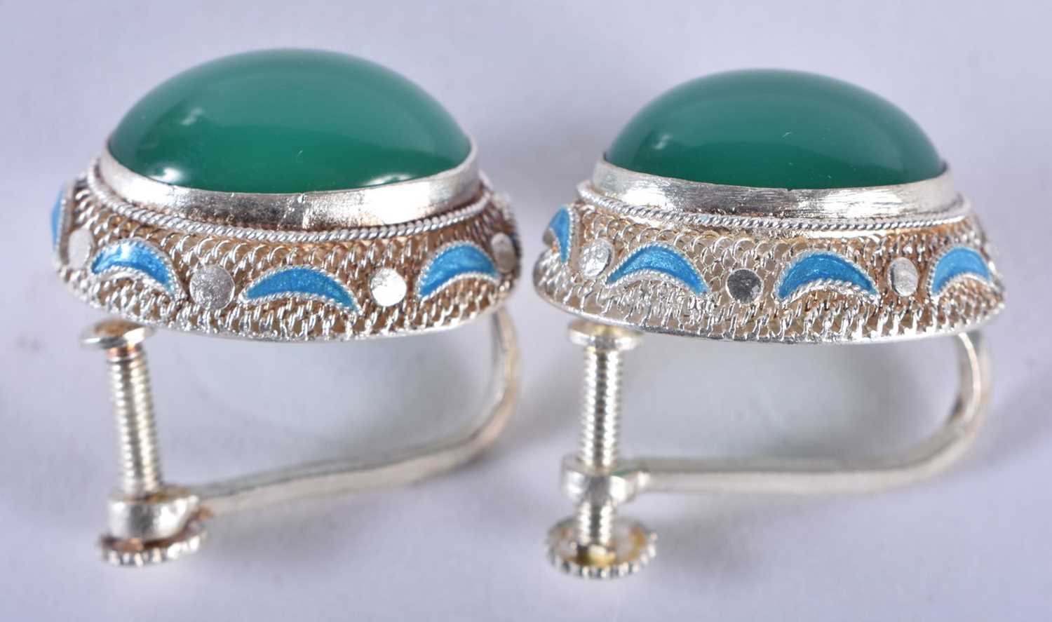 A Pair of White Metal and Enamel Earrings set with Jade Cabochons. 1.9cm x 1.6 cm, weight 9.7g - Image 3 of 3