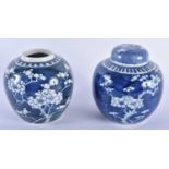 TWO 19TH CENTURY CHINESE BLUE AND WHITE PORCELAIN GINGER JARS Kangxi style. Largest 15 cm x 12
