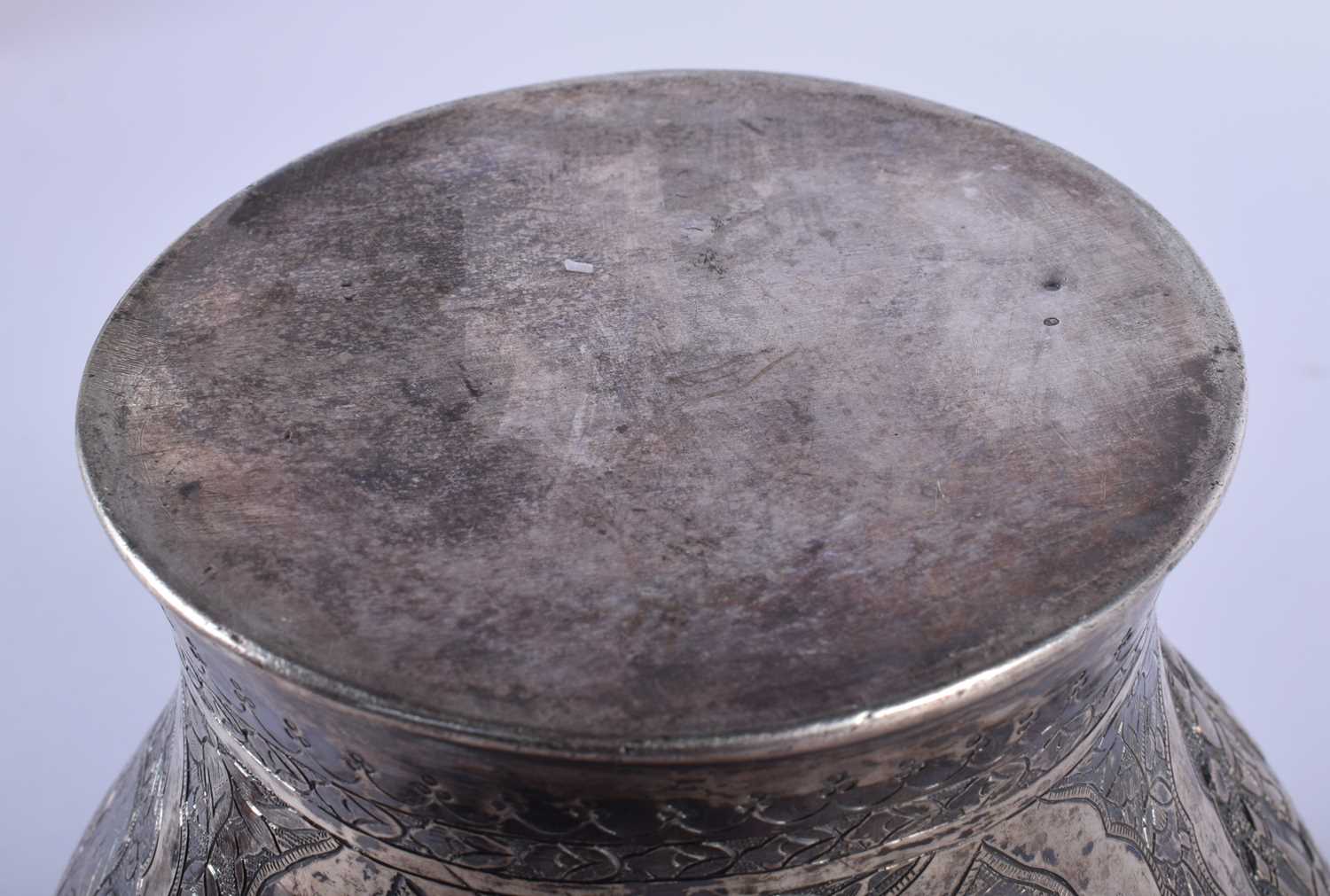 A Persian Silver Vase decorated with Figures and Landscapes. 17cm x 17cm, weight 693g - Image 5 of 5