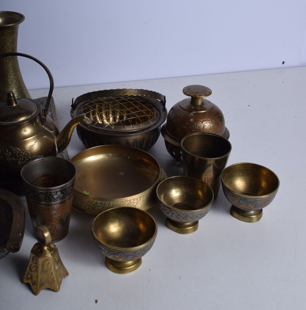 A collection of Central Asian brass items , together with a brass oil lamp with an etched glass - Image 8 of 8