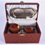 A BOXED KOREAN SILVER AND ENAMEL SERVING SET. 463 grams. Largest 17 cm wide. (4)