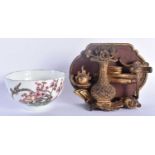 A 19TH CENTURY CHINESE CARVED WOOD TEMPLE CARVING together with a famille rose bowl. 12 cm x 9