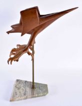 A IMPRESSIVE MID CENTURY CARVED WOOD SCULPTURE OF A EAGLE MOUNTED ON A POLISHED HARDSTONE PLINTH,