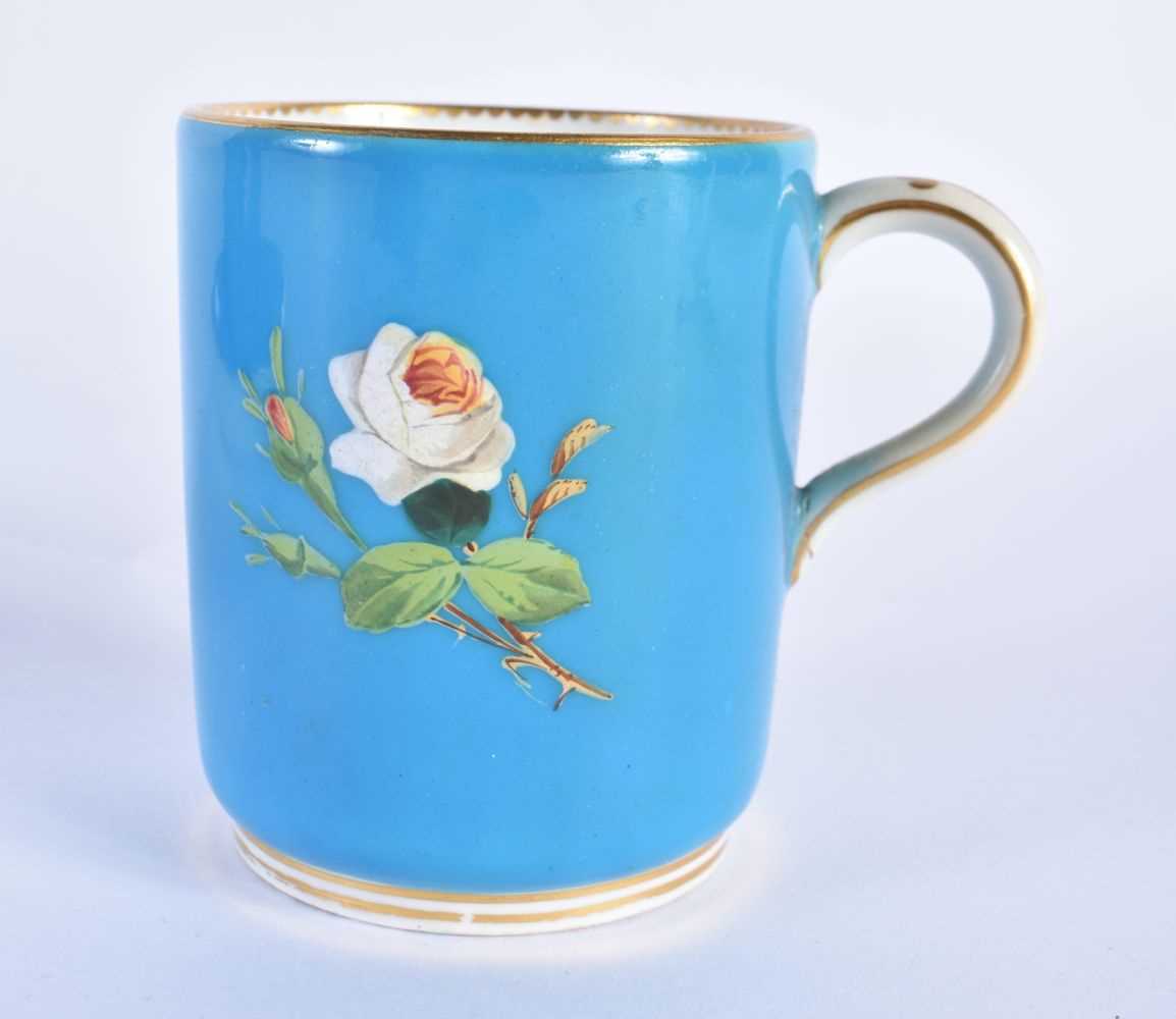 Minton coffee cup, teacup and saucer with turquoise ground painted in raised enamels with flowers ( - Image 2 of 10