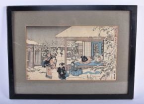 A 19TH CENTURY JAPANESE MEIJI PERIOD BLOCK PRINT depicting figures and samurai within a snowy