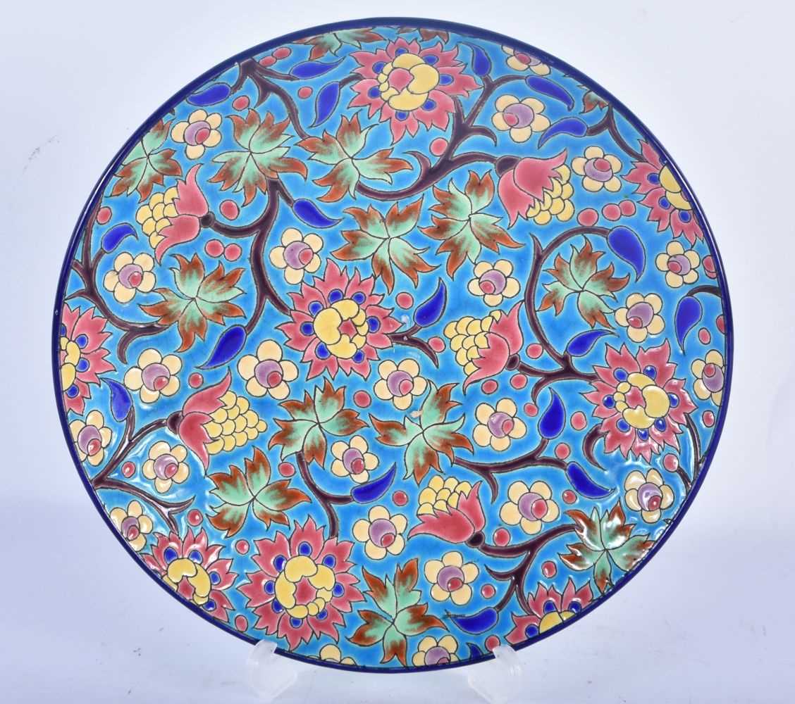 A FRENCH LONGWY POTTERY ENAMELLED CIRCULAR DISH together with a tin glazed faience box. Largest 21