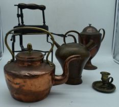 An antique copper Aran jug together with an antique Iron, copper kettle , Kettle Trivet etc