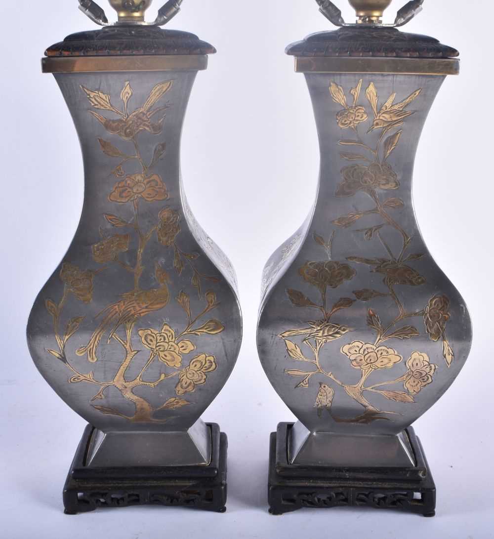 A LARGE PAIR OF 19TH CENTURY CHINESE PEWTER LAMPS Qing, decorated with figures, birds and foliage. - Image 4 of 6