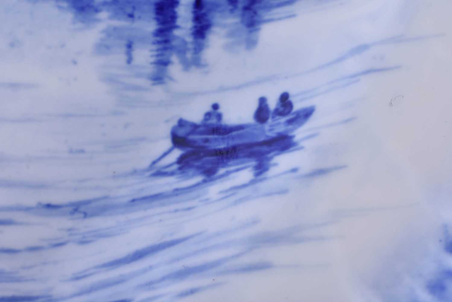 Royal Crown Derby heart shaped dish painted in blue with fishermen at dock, a small boat in the - Image 3 of 4
