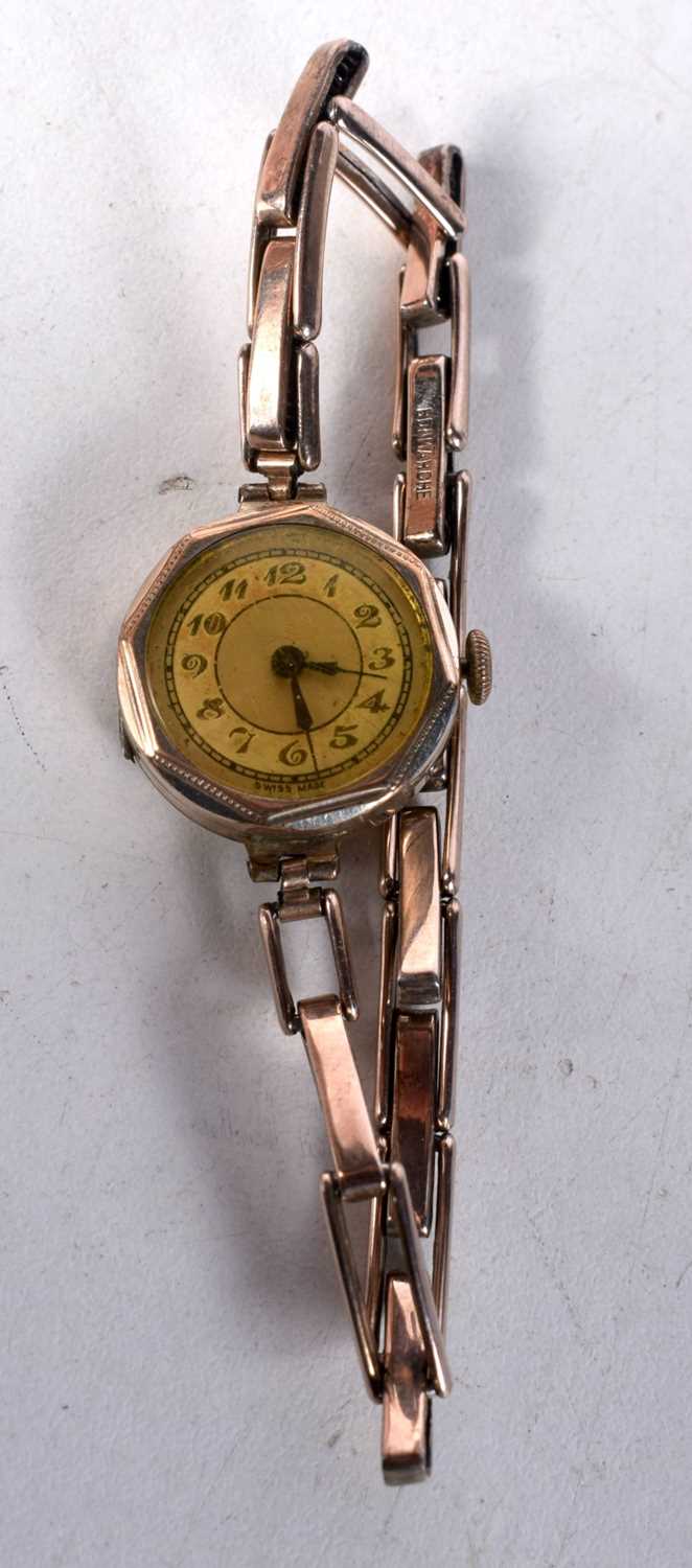 A 9CT GOLD PLATED WRISTWATCH with 9ct gold plated strap. 17.6 grams overall. 2.75 cm wide inc crown.