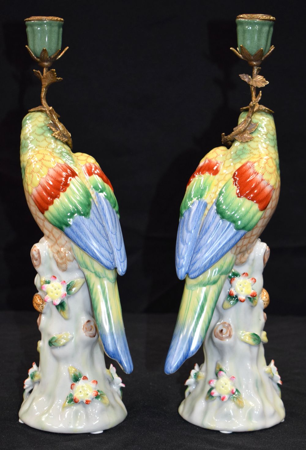 A pair of Ormolu mounted porcelain parrot candlesticks 36 cm (2) - Image 6 of 6