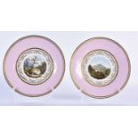 Flight Barr and Barr pair of pink bordered plates painted with titled scenes, Plymouth and