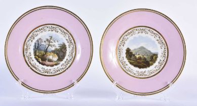 Flight Barr and Barr pair of pink bordered plates painted with titled scenes, Plymouth and