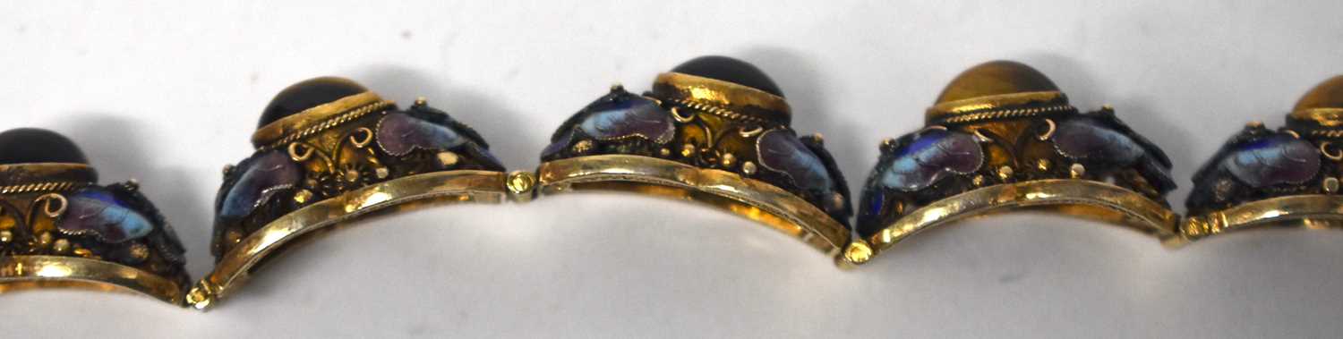 A LATE 19TH CENTURY CHINESE SILVER GILT ENAMEL AND TIGERS EYE BRACELET. 29 grams. 18cm long. - Image 15 of 15