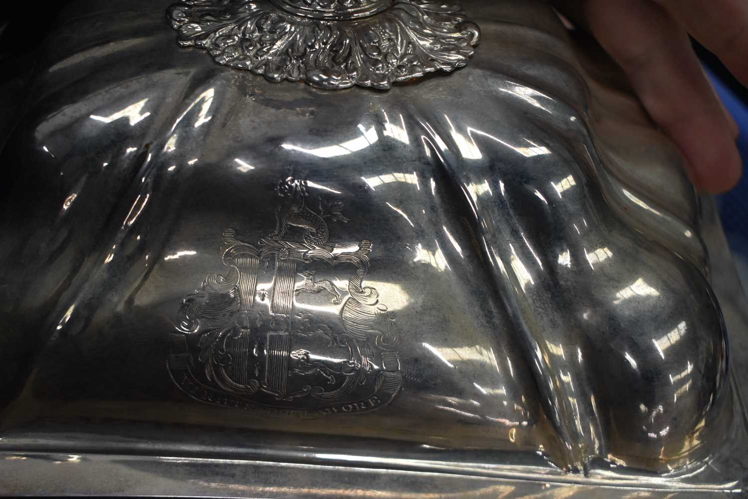 A LARGE PAIR OF LATE 18TH/19TH CENTURY ENGLISH SILVER PLATED TUREENS with probably silver armorial - Image 8 of 27