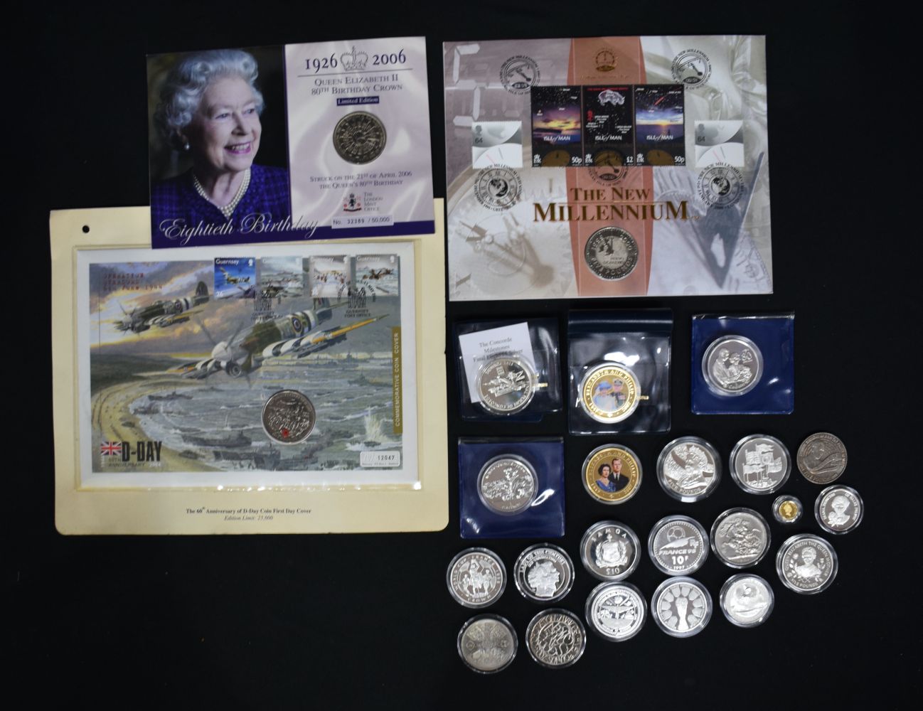 A collection of commemorative coins 8 x £5 - 2 x 1 Crown - 1 x 5 Crown - 1 x 20 Crown - 5 Shilling