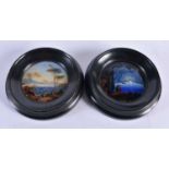 Two Neapolitan Reverse Painted Miniatures featuring Mount Vesuvius and The Blue Grotto. 10.8 cm