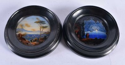 Two Neapolitan Reverse Painted Miniatures featuring Mount Vesuvius and The Blue Grotto. 10.8 cm
