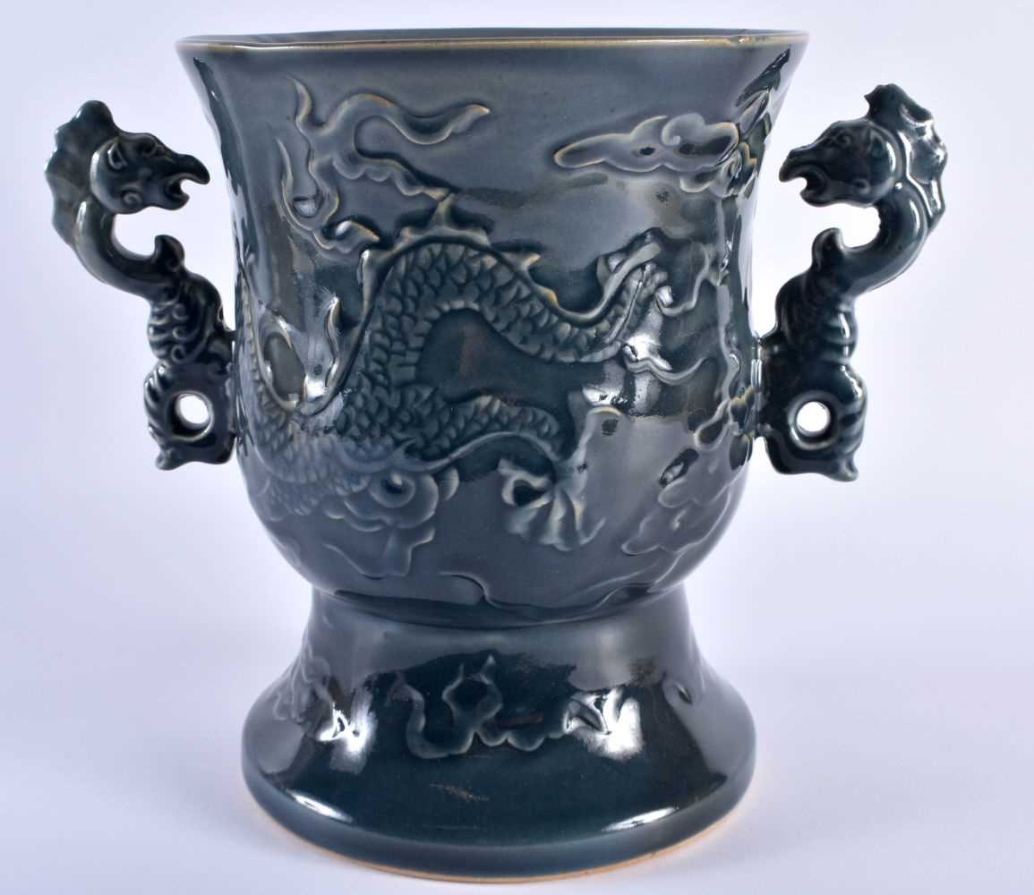 A LARGE CHINESE QING DYNASTY TWIN HANDLED BLUE STONEWARE PORCELAIN VASE decorated in relief with - Image 3 of 6