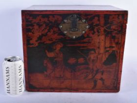A LARGE CHINESE QING DYNASTY RED LACQUERED COUNTRY HOUSE BOX decorated with figures in landscapes.