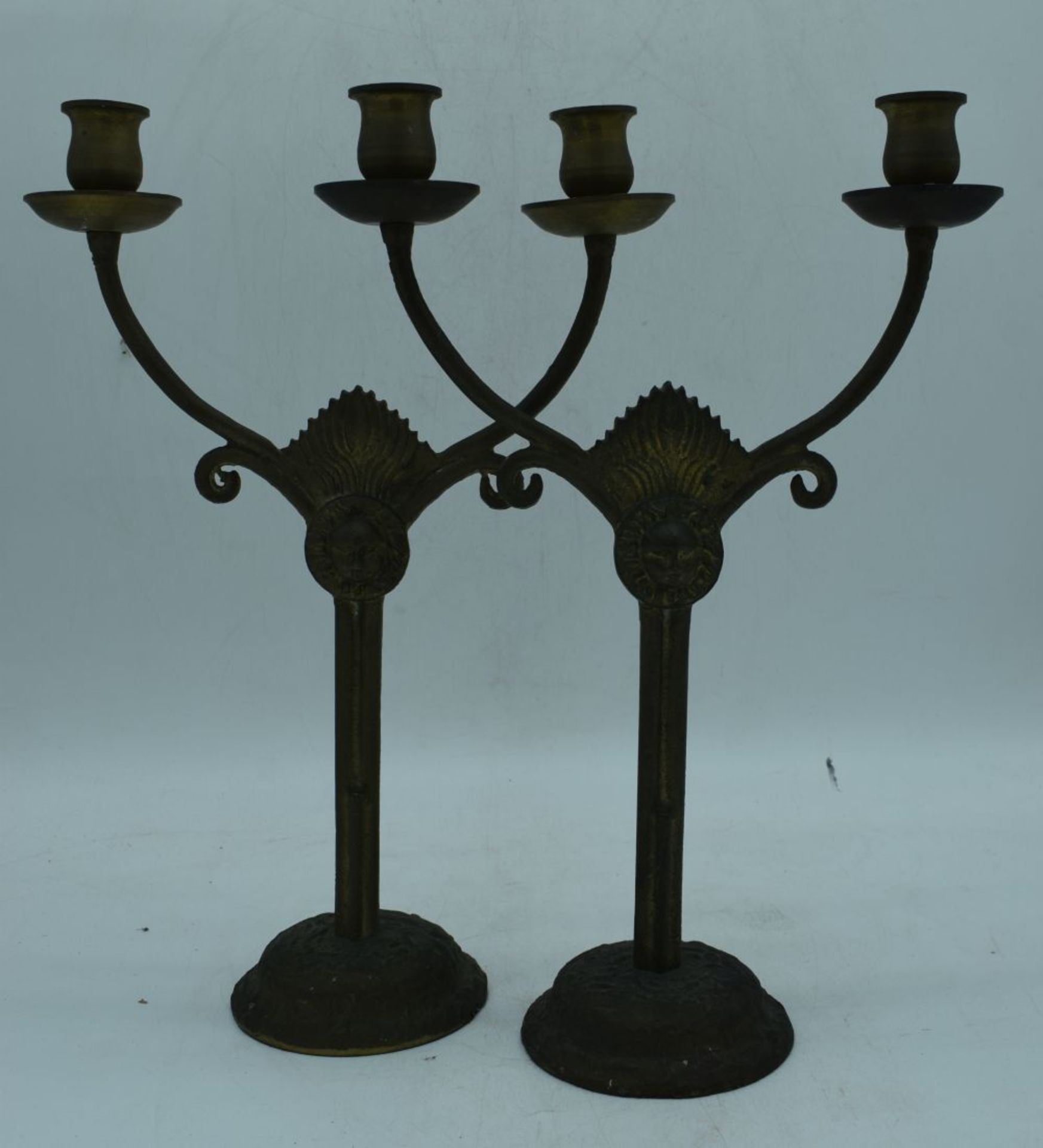 A pair of gilt metal candlesticks together with a mirrored metal galleried tray 50 x 32 cm (3). - Image 6 of 8